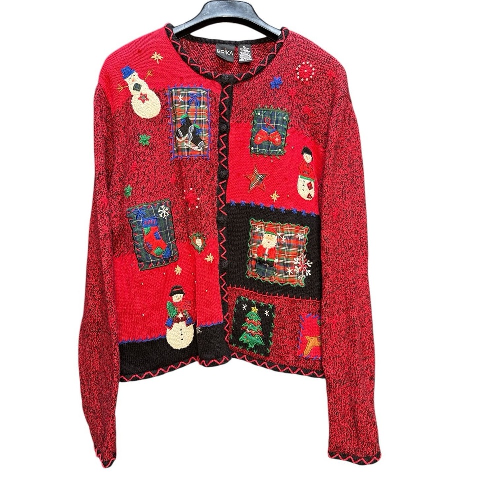 Vintage‎ Erika Red Holiday Knit Cardigan XL Ramie Blend Festive Embellished
